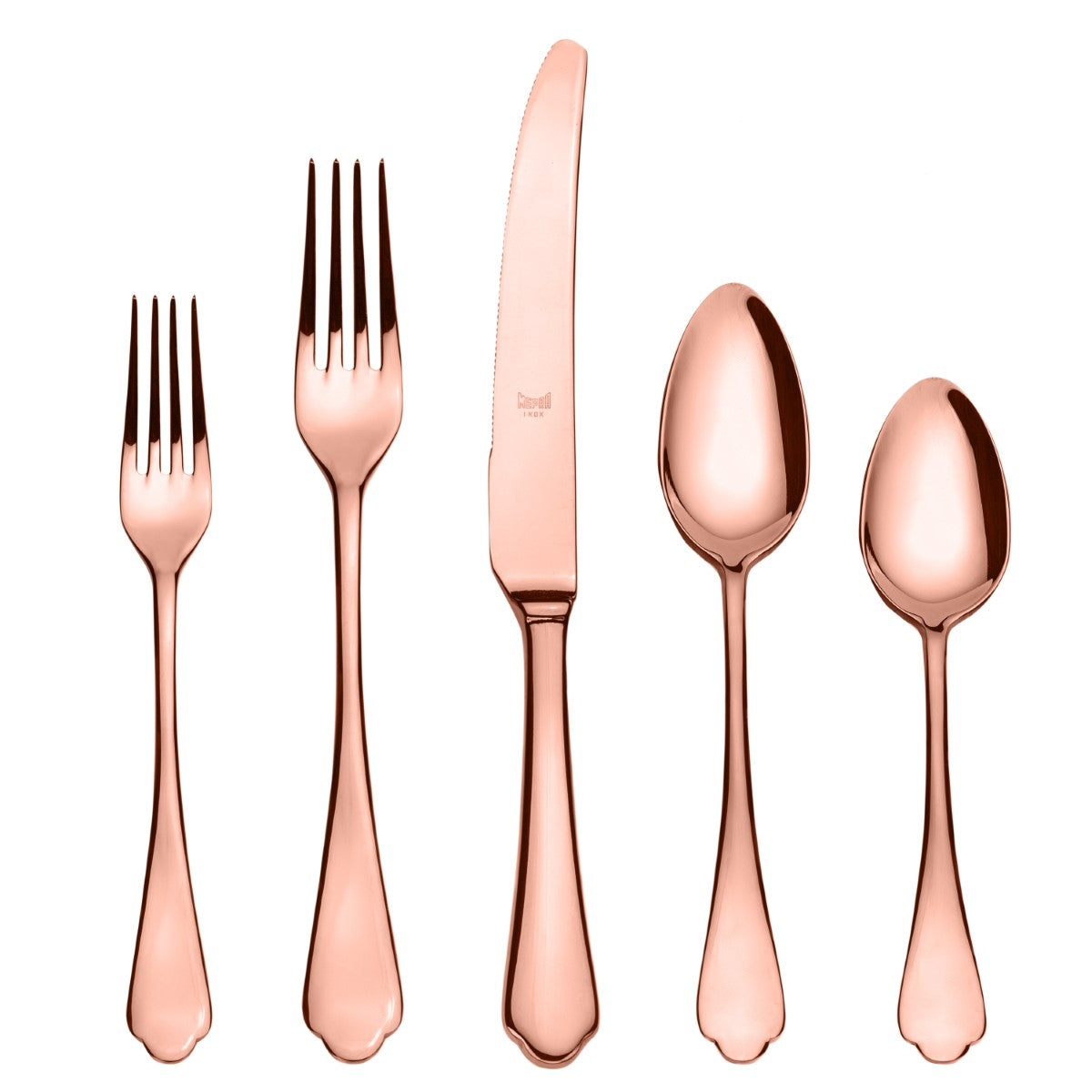 Set of rose gold cutlery including two forks, a knife, and two spoons on a white background.