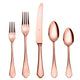 Set of rose gold cutlery including two forks, a knife, and two spoons on a white background.
