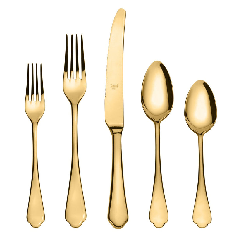 Set of gold cutlery including two forks, a knife, and two spoons on a white background.