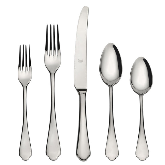 Set of silver cutlery including two forks, two spoons, and a knife on a white background.
