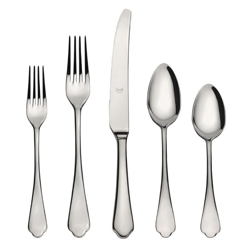 Set of silver cutlery including two forks, two spoons, and a knife on a white background.