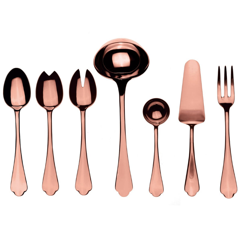 Rose gold flatware set on a white background