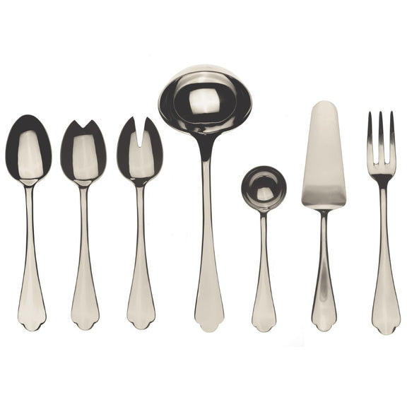 Set of silver cutlery including spoons, fork, and ladle on a white background