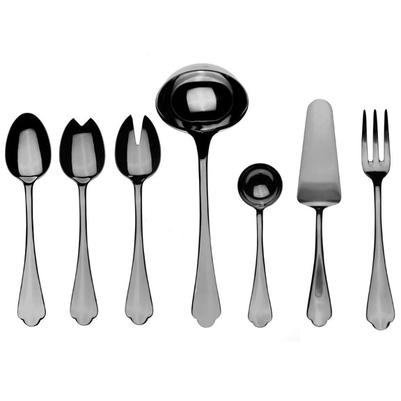 Set of silver cutlery including spoons, fork, and ladle on a white background
