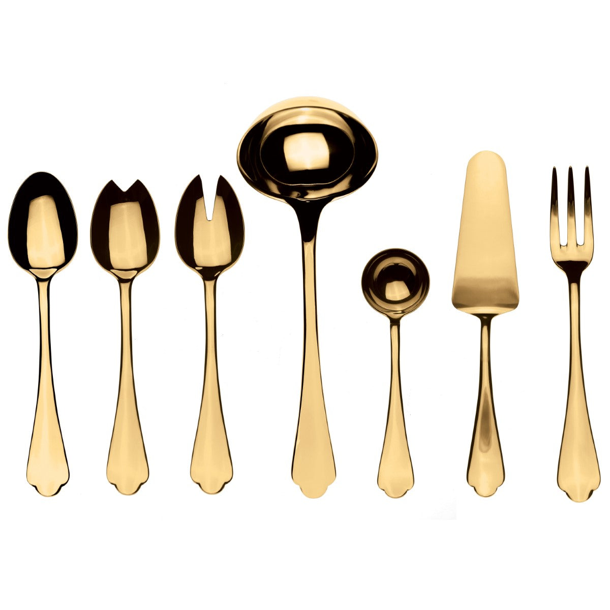 Set of gold-colored cutlery including spoons, fork, and knife on a white background
