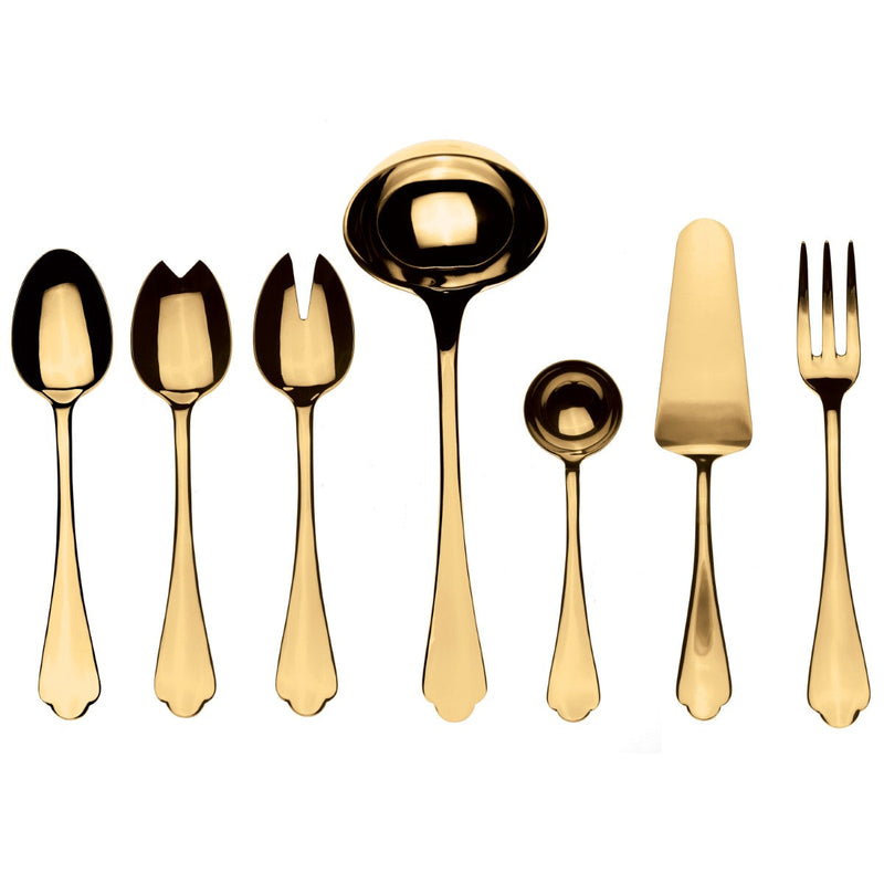 Set of gold-colored cutlery including spoons, fork, and knife on a white background