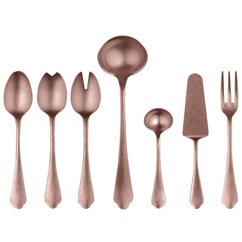 Set of rose gold cutlery including spoons, a fork, and a knife on a white background