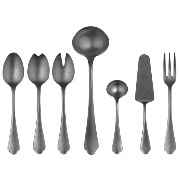 Set of black cutlery including spoons, fork, and knife on a white background