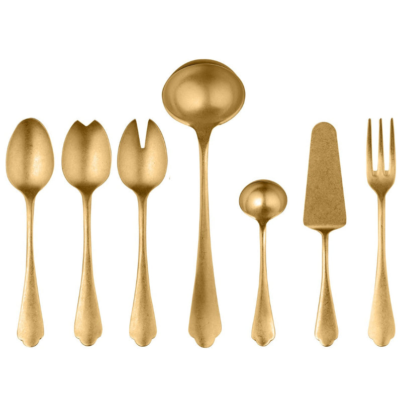 Set of gold-colored cutlery including spoons, a fork, and a knife on a white background.