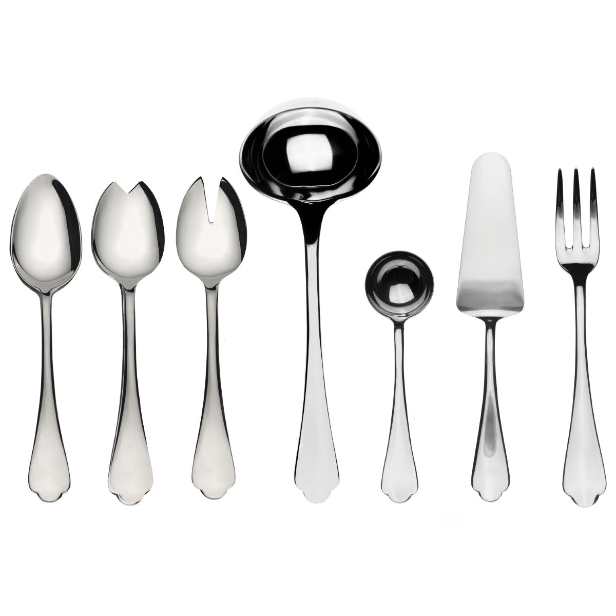Set of silver cutlery including spoons, a ladle, and a fork on a white background