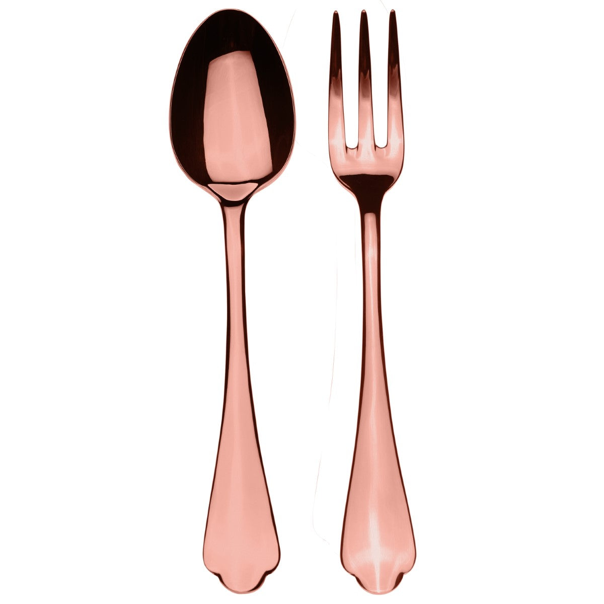 Rose gold spoon and fork set on a white background