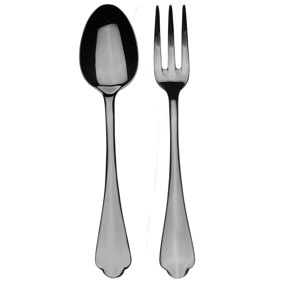 Stainless steel spoon and fork on a white background