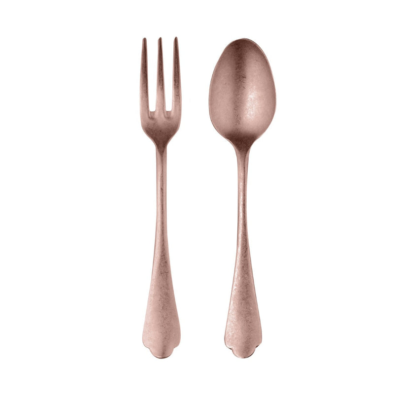 Rose gold fork and spoon set on a white background