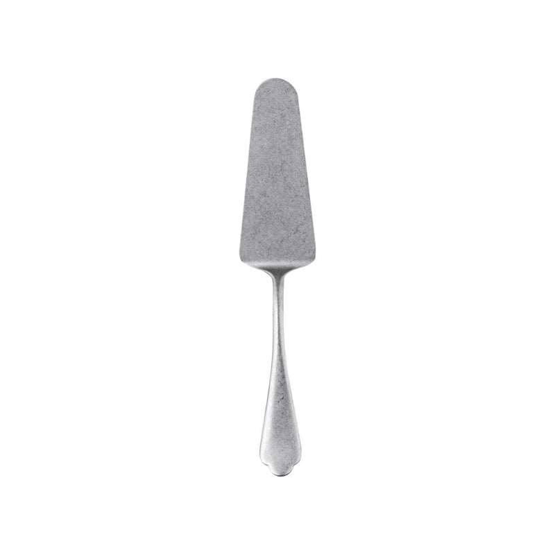 Silver cake server on a white background