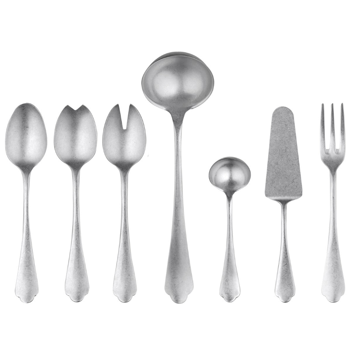 Set of silver cutlery including spoons, a fork, and a knife on a white background