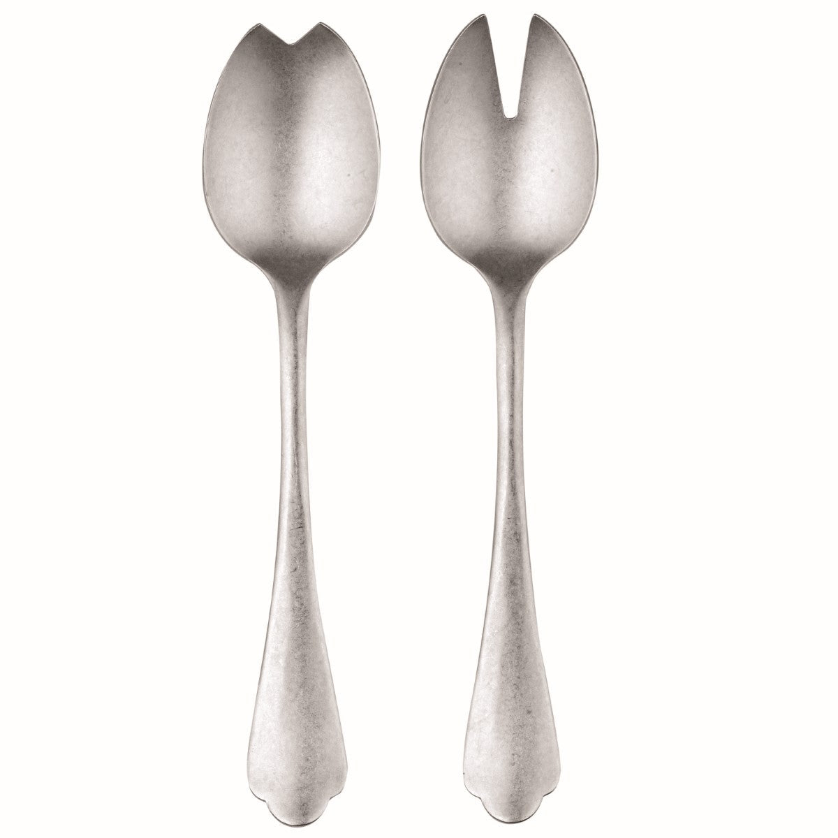 Two silver salad servers on a white background