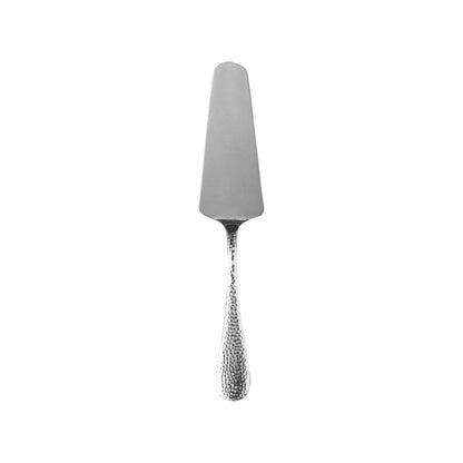 Gray cake server with textured handle on a white background