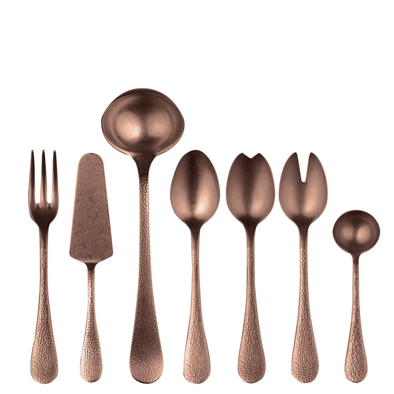 Set of bronze-colored cutlery including a fork, knife, and spoons on a white background