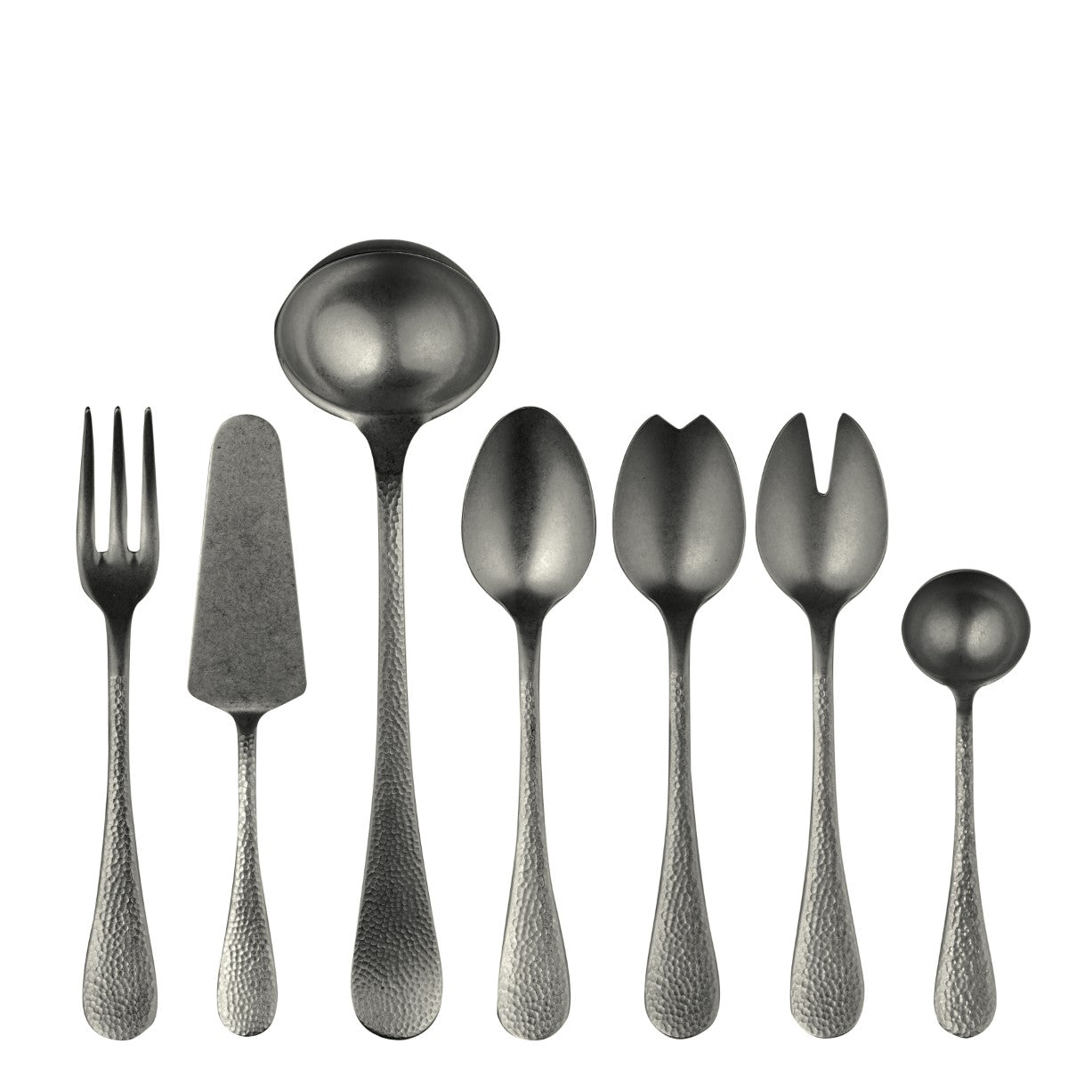 Set of silver cutlery including fork, knife, and spoons on a white background