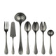 Set of silver cutlery including fork, knife, and spoons on a white background