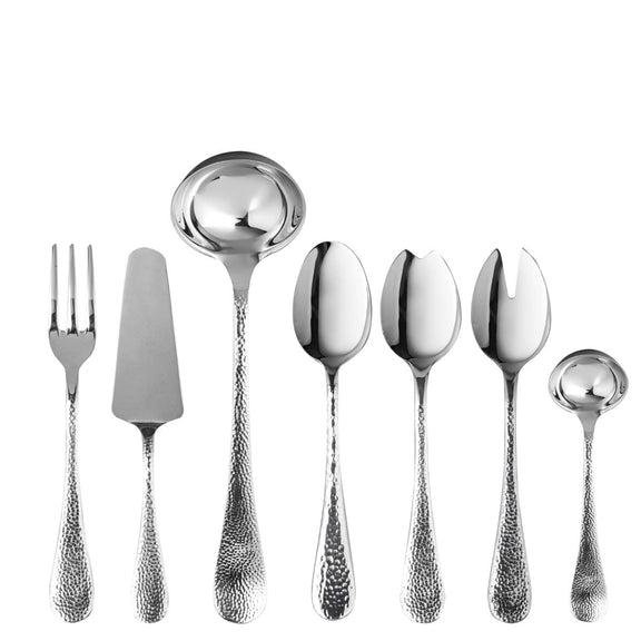 Set of silver cutlery including a fork, knife, ladle, and spoons on a white background