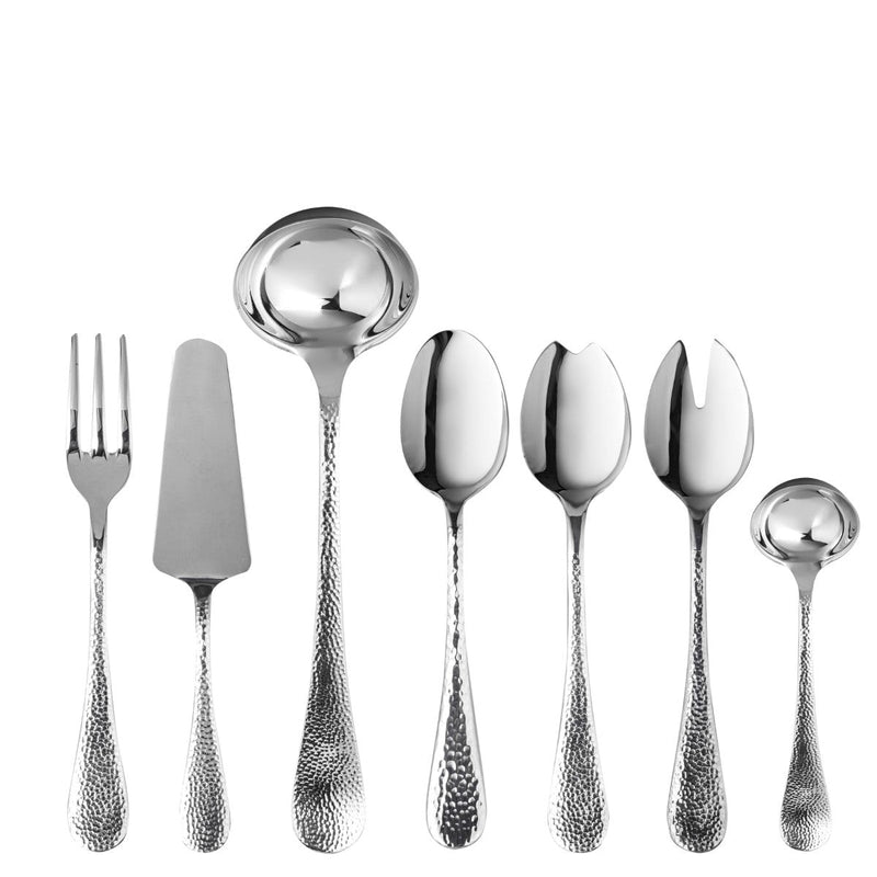 Set of silver cutlery including a fork, knife, ladle, and spoons on a white background