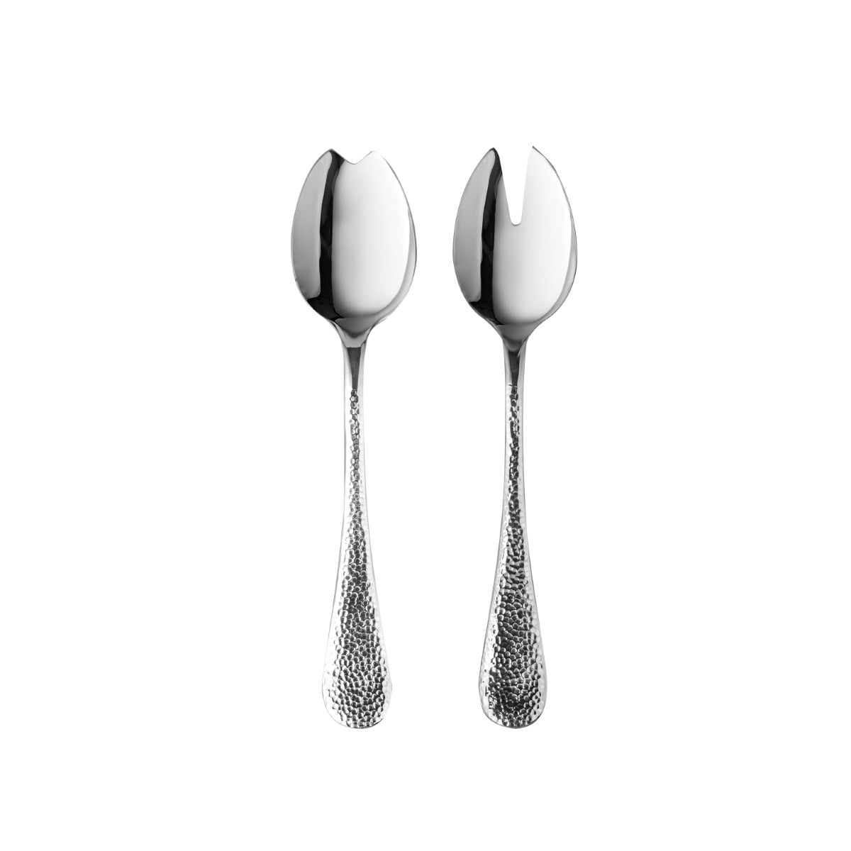 Two silver spoons with textured handles on a white background