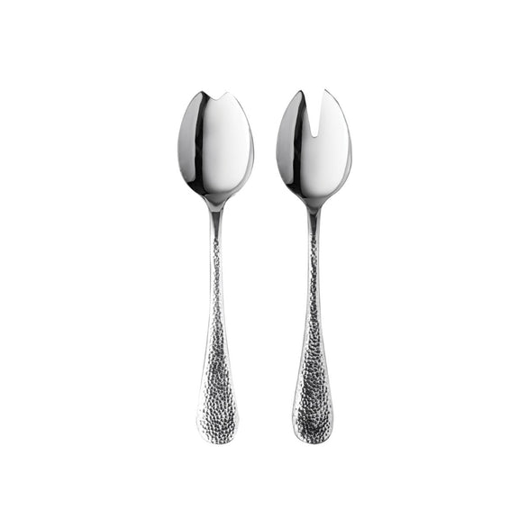 Two silver spoons with textured handles on a white background