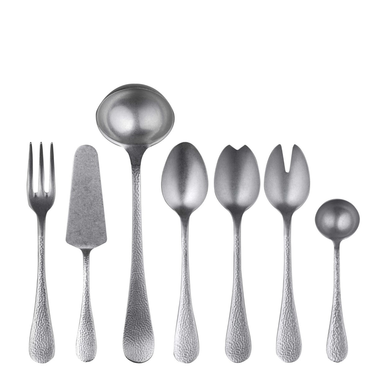 Set of silver cutlery including fork, knife, and spoons on a white background