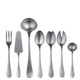 Set of silver cutlery including fork, knife, and spoons on a white background