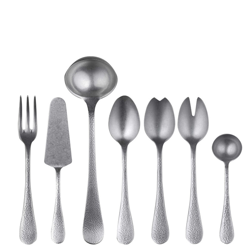 Set of silver cutlery including fork, knife, and spoons on a white background
