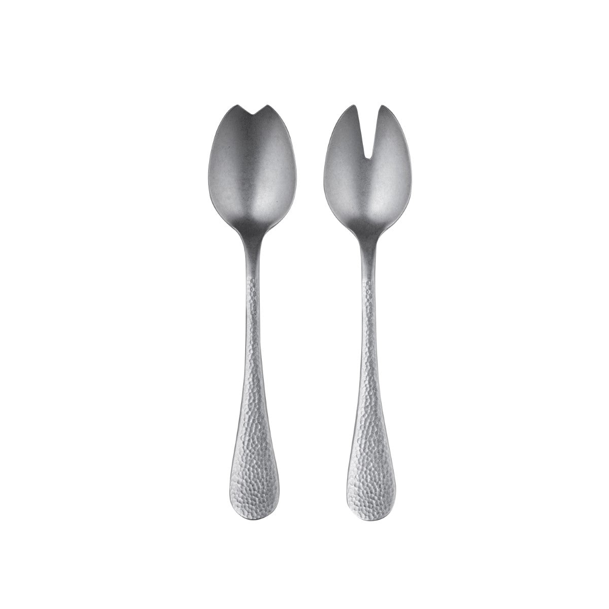 Two silver salad servers with textured handles on a white background