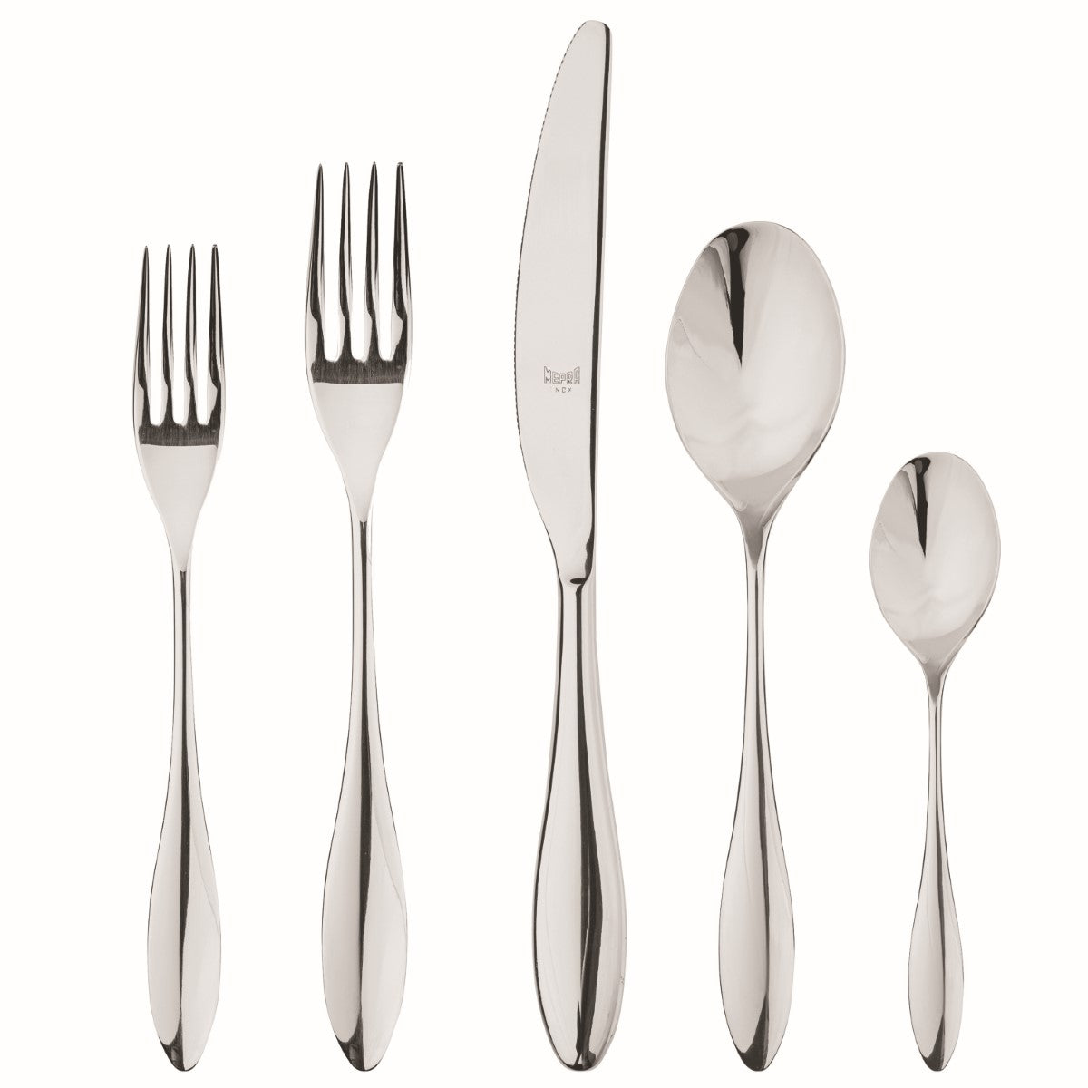 Set of silver cutlery including forks and spoons on a white background