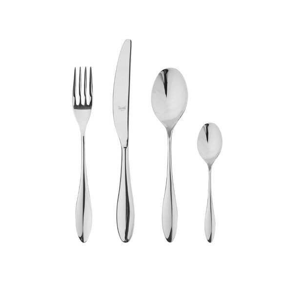 Set of silver cutlery including a fork, knife, and two spoons on a white background