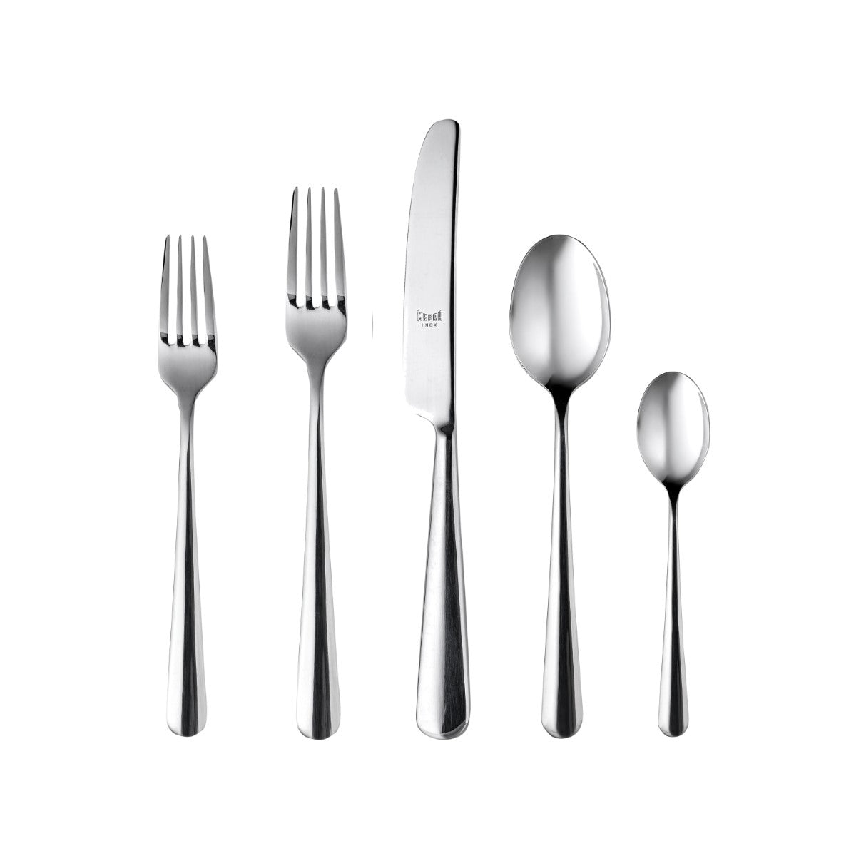 Set of silver cutlery including forks and knives on a white background