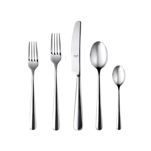 Set of silver cutlery including forks and knives on a white background