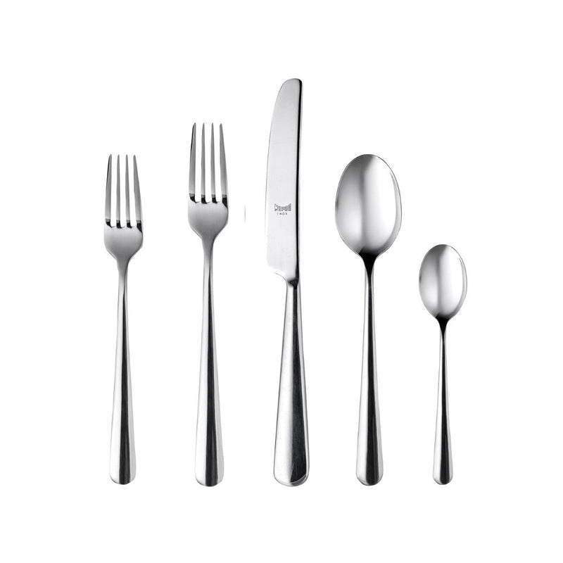 Set of silver cutlery including forks and knives on a white background
