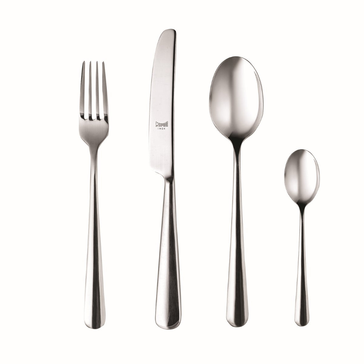 Set of silver cutlery including a fork, knife, and two spoons on a white background.