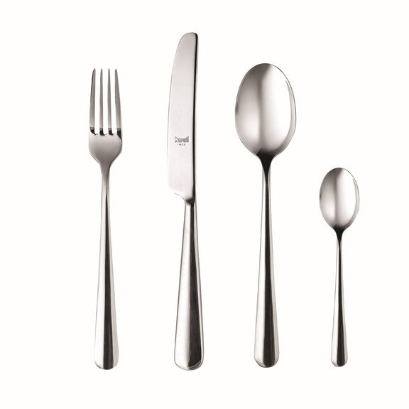 Set of silver cutlery including a fork, knife, and two spoons on a white background.