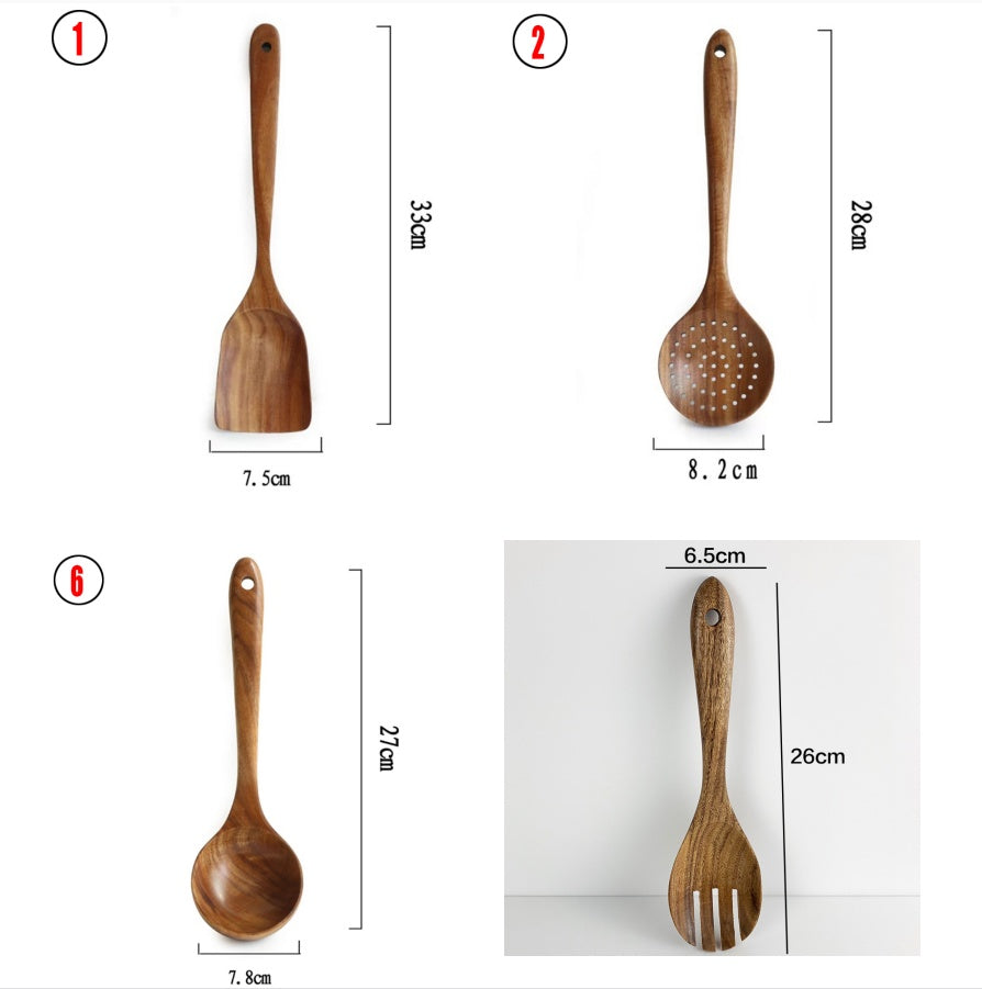 Teak Natural Wood Ladle Turner Colander Soup Skimmer Tool Set