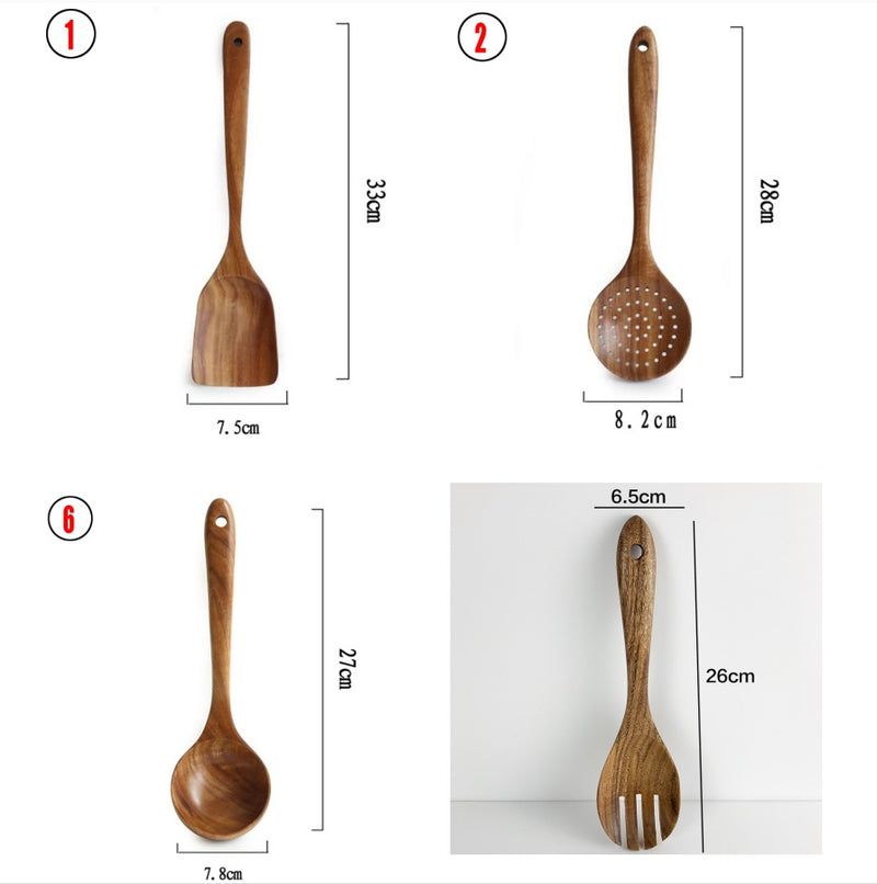 Teak Natural Wood Ladle Turner Colander Soup Skimmer Tool Set