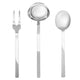 Set of silver cutlery including a fork, ladle, and spoon on a white background
