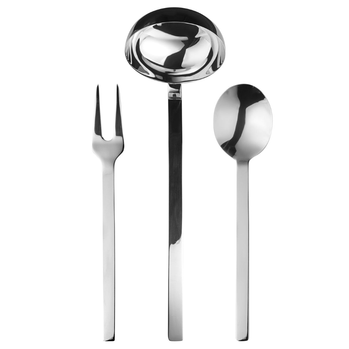 Set of silver cutlery including a fork, ladle, and spoon on a white background