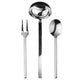 Set of silver cutlery including a fork, ladle, and spoon on a white background