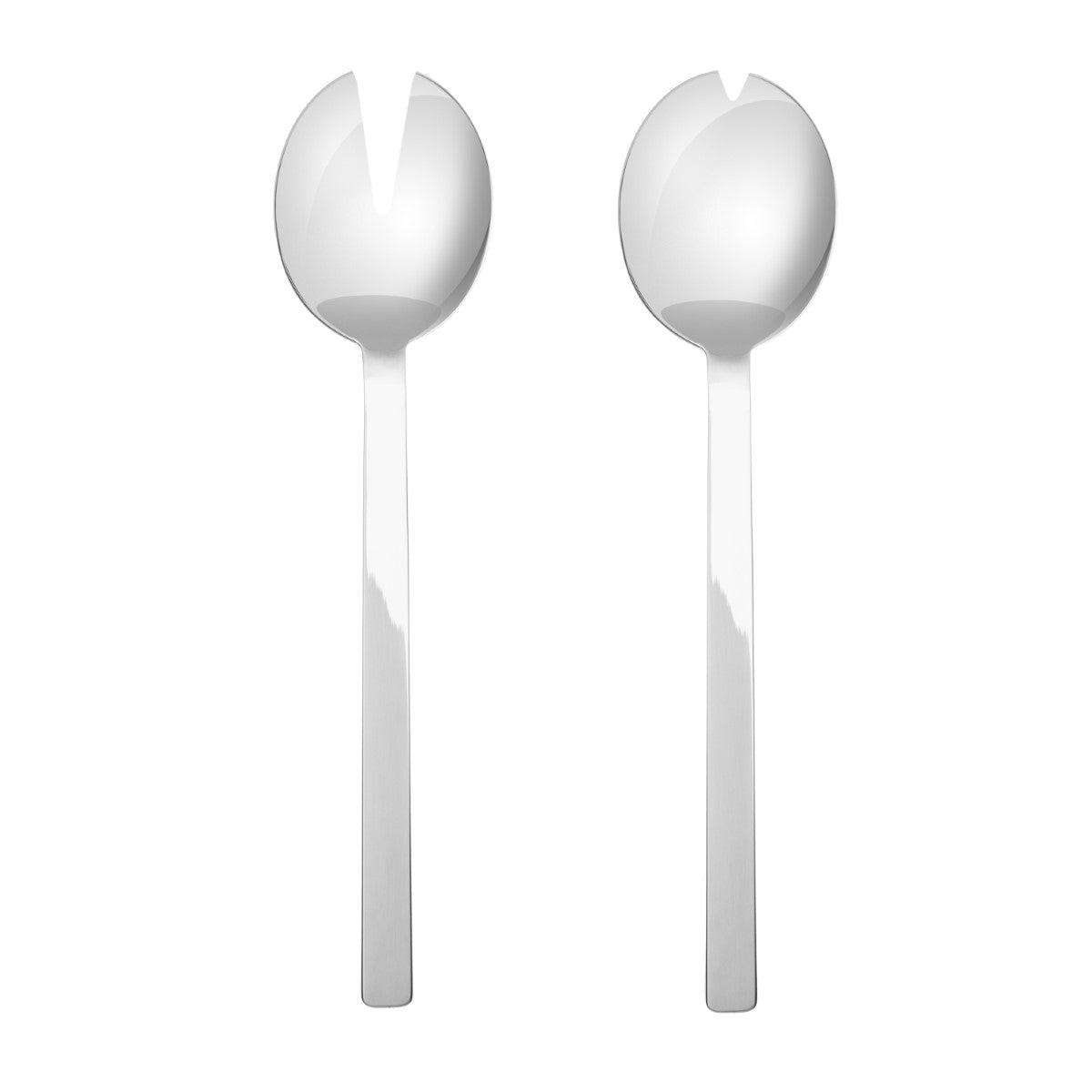 Two silver spoons with unique designs on a white background