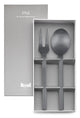 Gray cutlery set with fork and spoon in a branded box