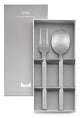 Silver fork and spoon set in a gray box with 'Mepra' branding.