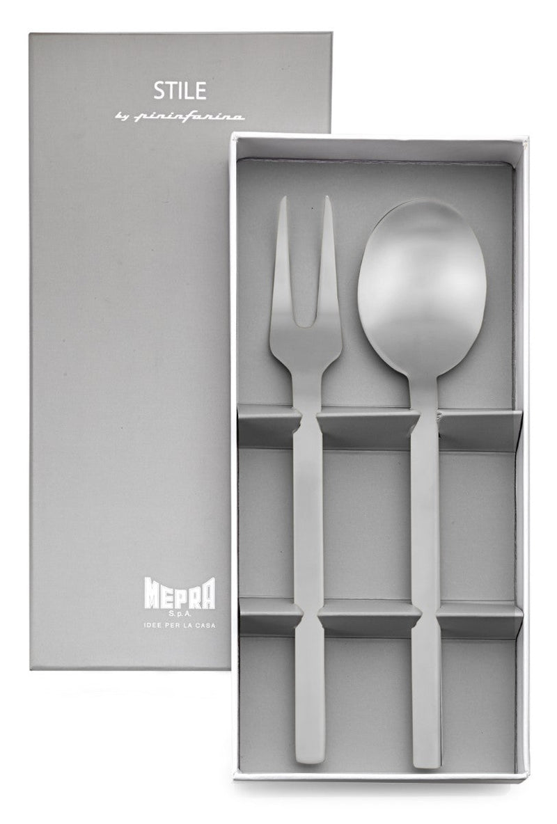 Silver fork and spoon set in a gray box with 'Mepra' branding.