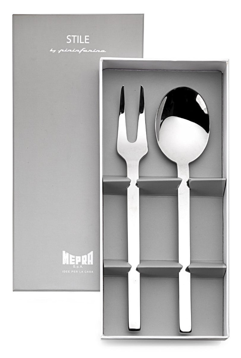 Silver spoon and fork set in a gray box with 'Mepra' branding.