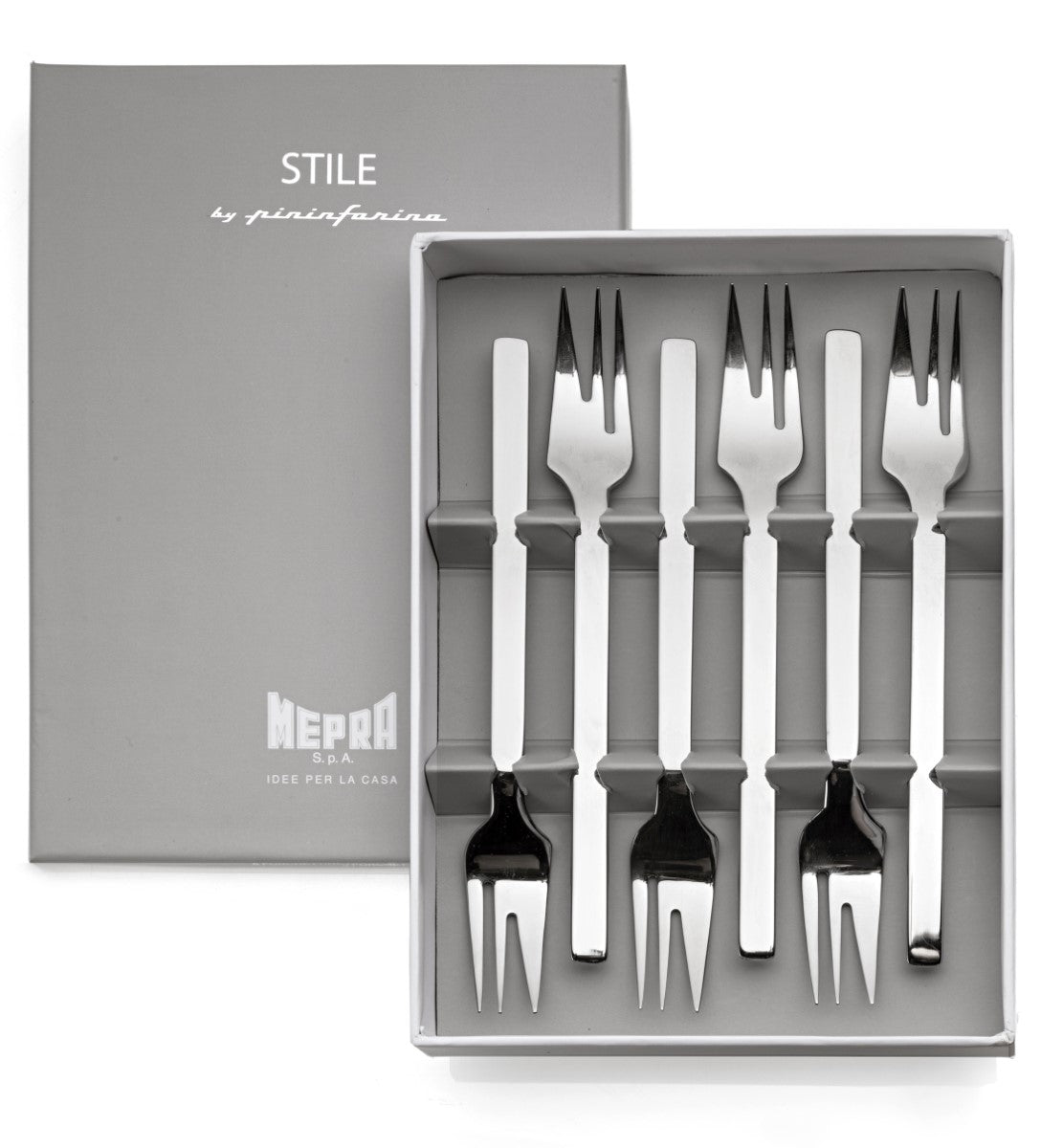 Set of silver forks in a 'Stile by Pininfarina' branded box on a white background